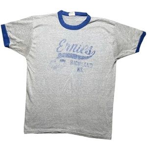 Vintage 70s Ringer tee Faded washed out logo Ernie’s - Highland Kansas